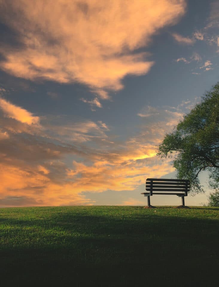 empty bench with a sunset on a hill
