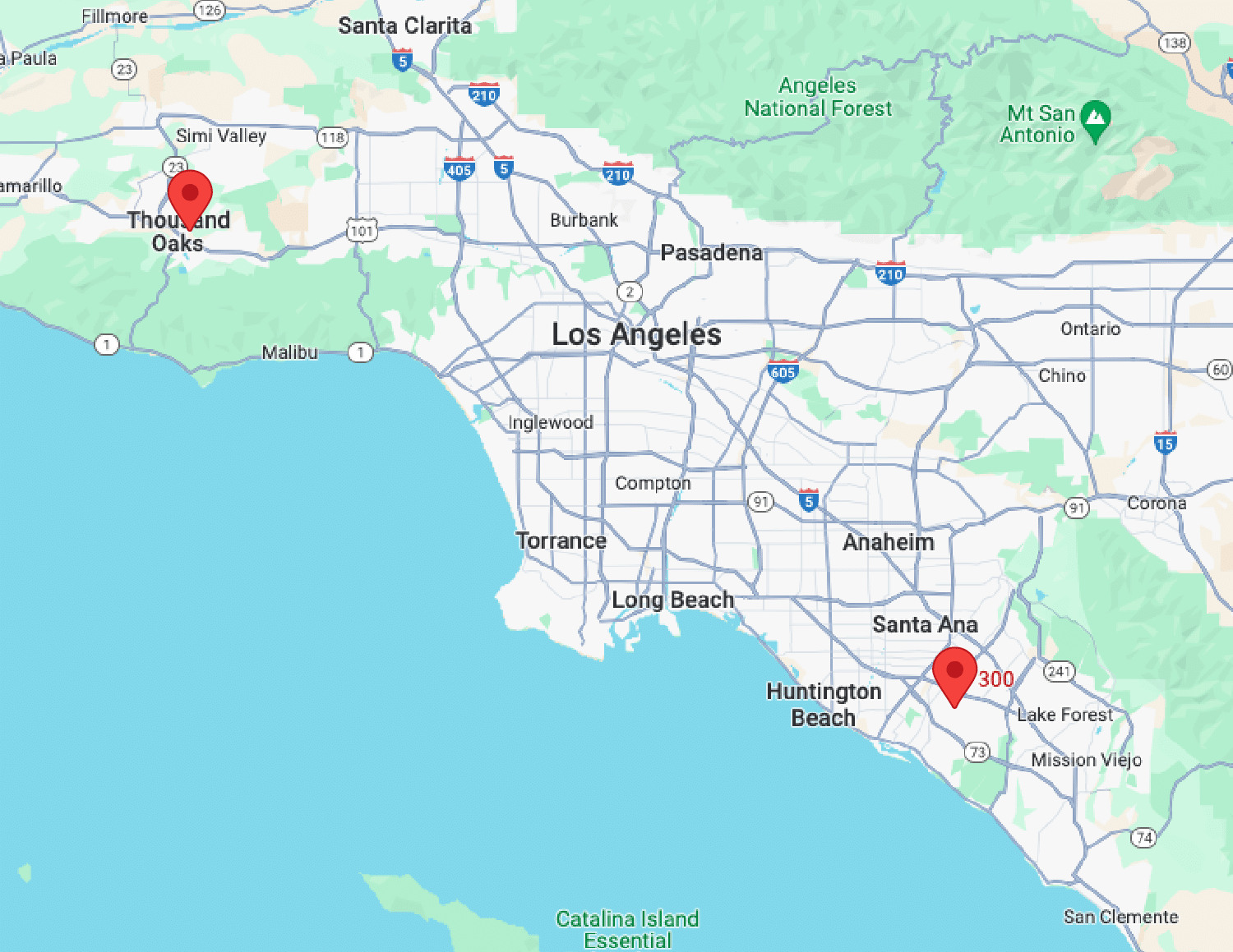 Map of Greater Los Angeles Showing Markers on both of Acorn Law's locations
